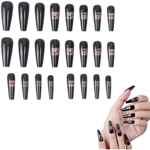 24 Pcs Fake Nail Tips Black Coffin Press on False Nails Long Acrylic Stick on Nails for Women and Girls Cover