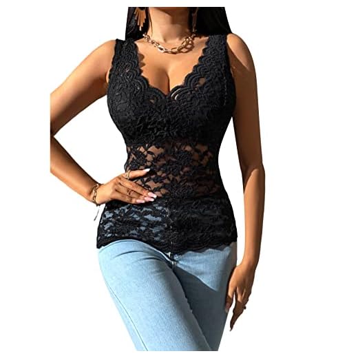 Romwe Women's Mesh Floral Lace Sleeveless V Neck Scallop Trim Backless Tank Top Blouse Black Tall M