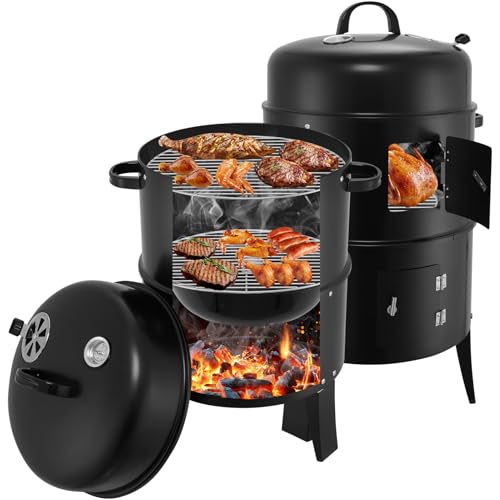 Teodute Ahumador para Barbacoa, Ø41cm Parrilla Grande de Diámetro para Exteriores, con Termómetro y 6 Ranuras Rxtracción, Ideal para Camping Picnics Jardín y Cocina Aire Libre
