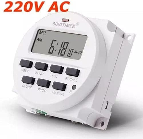 Davanti view of the Sinotimer TM618 with '220V AC' text overlay, indicating its operating voltage.