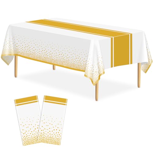 Image of 2 Pack White and Gold Tablecloth Party Decorations Plastic White Tablecloth Printed Gold Table Runner 54 x108 Inch Disposable Rectangle Table Cover for Birthday Wedding Graduation Anniversary