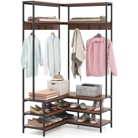 COSTWAY L-Shaped Coat Rack with Shoe Storage Cover