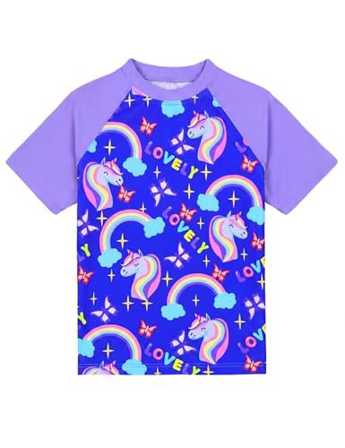 Image of Girls Swimsuit Colorful Short Sleeve Bathing Suits UPF 50+ Rash Guard Set Two Piece Summer Swimwear