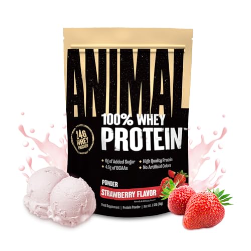 ANIMAL 100% Whey Protein Pulver (Erdbeere) –Proteinpulver mit 23g Protein & 4,6g BCAAs für den Muskelaufbau – Protein Shake mit Glutamin & weiteren Aminosäuren – 1kg