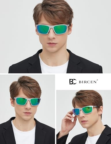Image of BIRCEN Men Sunglasses Polarized UV-Protection: Carbon Fiber Wrap Around Black Sport Shades for Mens Driving Fishing Golf, Large, H-silver /Green