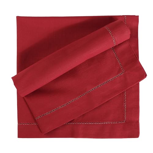 Image of FINGERCRAFT Hemstitched Cotton Table Napkins - 20x20 Inch, 100% Cotton Cloth Napkins with Faggoting Stitching - Durable & Elegant for Parties (Tango Red, Set of 12)