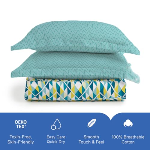 Image of Livspace Cotton Queen Size Bedsheet for Double Bed | 100 inch x 88 inch | 144 TC Flat Cotton Bedsheet with 2 Pillow Covers, Soft & Breathable - Bello Pure Nest Collection (Teal)