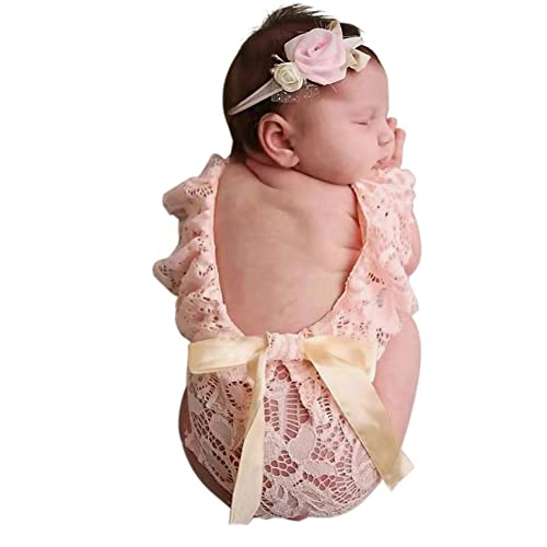 Image of Newborn Photography Prop Girls Outfits Newborn Lace Romper with Headband Infant Princess Costume