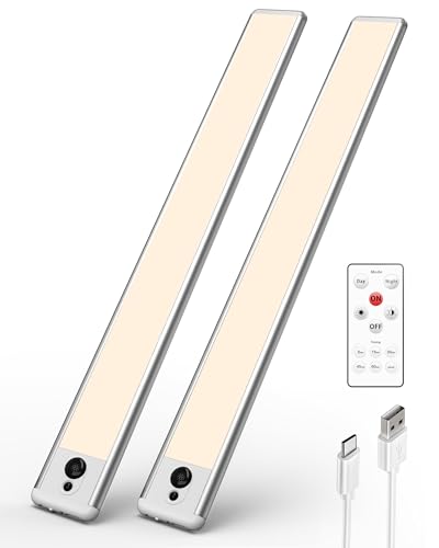 EZVALO Under Cabinet Lights,66 LEDs Motion Sensor Night Light, 3200 mAh Closet Lights 3500K with Remote Control Under Counter Lights for Kitchen,Cabinet,Bedroom(2 Pack)