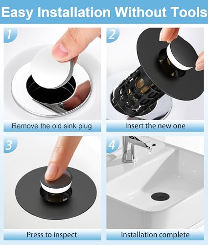 Image of QYHNYJF Upgraded Bathroom Sink Stopper with Hair Catcher - Universal Pop-Up Drain Plug, Stainless Steel & Silicone Seal for 1.1-1.5 Inch Drains, Matte Black Finish (Matte Black)
