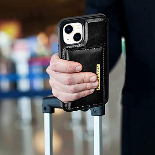 Image of PULOKA Wallet Back Case - Compatible with iPhone 14 Plus - Vegan Leather Phone Cover - Detachable Card Holder Case with Kickstand - Shockproof, Anti Scratch & Raised Edges for Protection - Black