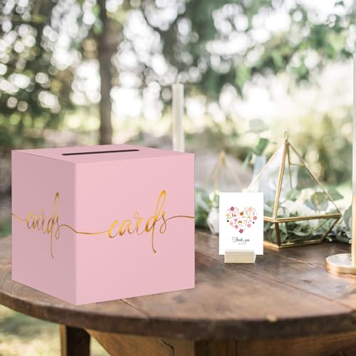 Image of 2 Pack Light Pink Card Box with Gold Foil Design, Paperboard 8.7 inch Card Box for Birthday Wedding Party Graduation Retirement Anniversary Valentine's Day & Baby Showers, Raffle or Money Box