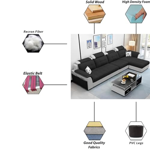 Image of Casaliving Ella LHS 6 Seater L Shape Sofa Set for Living Room (Black Grey) Premium Fabric Sofa Set