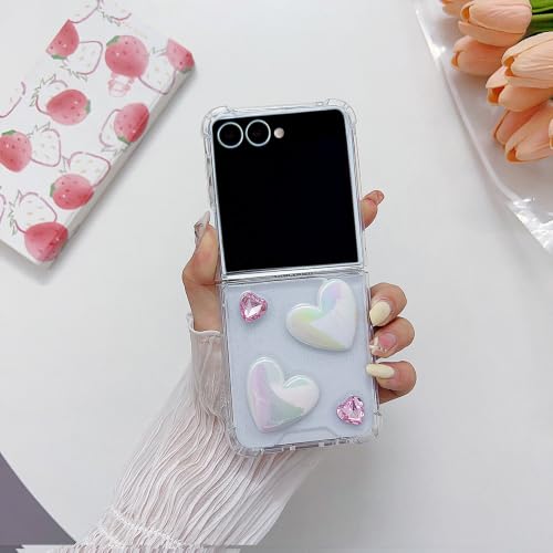 Coque Galaxy Z Flip 7 transparente à motif cœur 3D pailleté pour femme