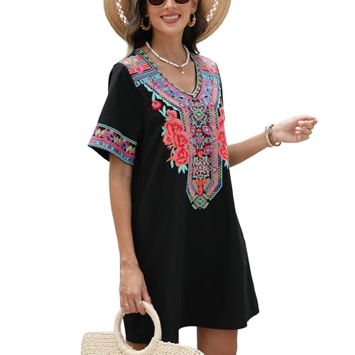 Image of Grosy Fiesta Embroidered Mexican Dress for Women Beach Vacation Plus Size Short Sleeve Summer Boho Dresses with Pocket