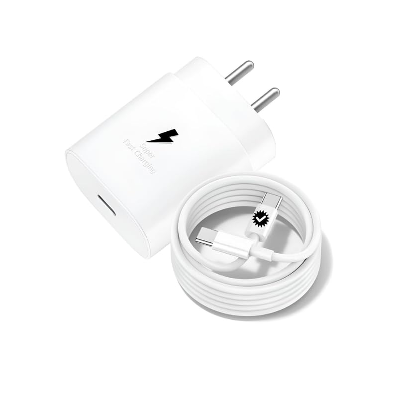 Image of Crown's 25Watt Charger for Samsung Galaxy a16 5G Super Fast Charging |Samsung 25 Watt Type C Charger /Adopter | with Type C Charging Cable | C to c pd Charging Adopter (Type C)