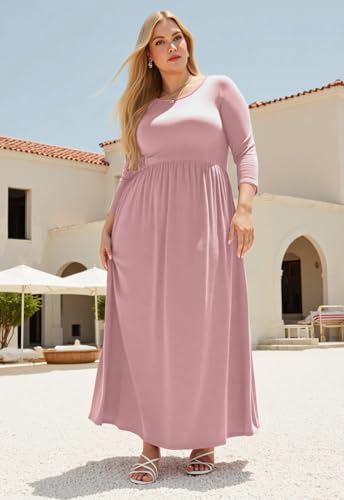 Image of Nemidor Plus Size Maxi Dress for Curvy Women Fall Casual Loose Long Sleeve Dresses with Pocket 14-26