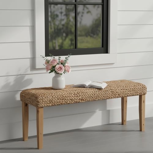 Image of Solid Wood Acacia Indoor Bench with Natural Woven Seat, 47 Inch Wood Bench for Living Room or Entryway Bench, Bedroom End of Bed Bench or Dining Benches, Window Bench (Fishbone, Water Hyacinth)