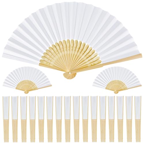 MAOOY 30Pcs White Paper Fans for Wedding Favours Folding Hand Fan Handheld Fan Bamboo for Wedding Decorations Bride Chinese Fans