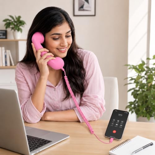 Image of Street27 Retro Phone Handset Compatible with Type-C Smartphones, Tablets & Computers, Corded Telephone Receiver with Noise Reduction, Volume Control & Answer Button for Calls and Meetings (Pink)