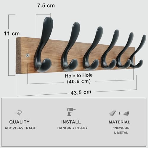 HONSKY Heavy Duty Wall Mounted Coat Rack, 43cm Wooden Coat Hanger with 6 Double Metal Hooks, Sturdy Wall Hanger for Hallway, Entryway, Bedroom, Easy Installation (Brown Base & Black Hooks) - Image 5
