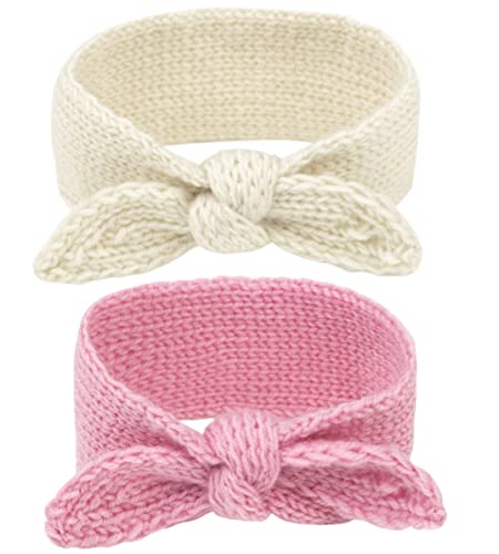 Image of IZUS Turban Headband Baby Girl - Warm Rabbit Knot Hair Band, Knit Head Wrap for Newborn, Toddler and Children (One Size (Fit for 2 months to 7 Years), Pink + Beige)
