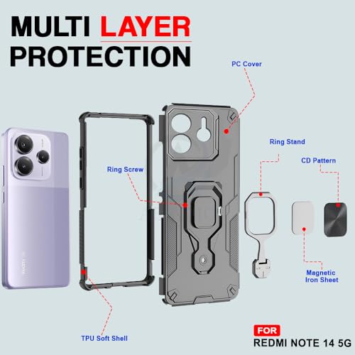 Image of AESTMO Armor Back Cover for Redmi Note 14 5G | Ring Holder & Kickstand & Camera Protection in-Built | 360 Degree Protection Back Case Cover (Blue)