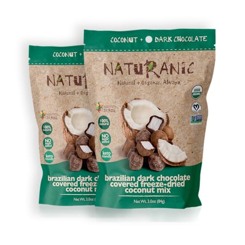 Naturanic Brazilian Dark Chocolate Covered Freeze-Dried Coconut Snack, Zero Carb, Keto Friendly, No Sugar, All Natural, Organic, Vegan - Pack of 2