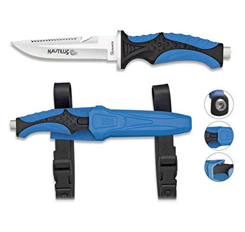 Cuchillo Submarinismo y Actividades acuaticas NAUTILUS azul 11,5 cm Buceo,Caza, Pesca, Camping, Outdoor, Supervivencia y Bushcraft Albainox 32352 + Portabotellas de regalo