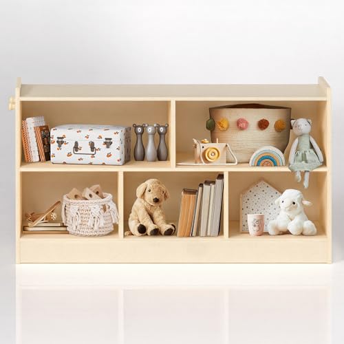 Image of Wooden Kids Storage Cabinet, 5-Section Toddler Montessori Bookshelf, Kids Organizer for Classroom, Playroom, Kindergarten, Large Size