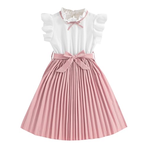 KODMNSW Kleid Mädchen mit Gürtel 2-TLG Sommerkleid Festliche Kleider Kinderkleider Rundhal Freizeitkleid Plisseekleid Sommerkleider Knielang für 8-12 Jahre Rosa 9 Jahre