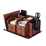 Liry Products Brown Wooden Desk Organizer Multiple Compartments 3 Drawers Slots 2 Shelves Racks Holder Office Supplies Caddy Tabletop Storage Desktop Stationery Accessory Sorter Home Kitchen