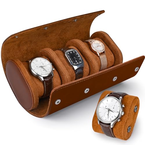 Eucomir Watch Case 3 Slot Watch Roll Travel Case, Watch Box for Men Pu Leather Watch Case Organizer Portable Watch Display Storage Box Watch Display Box With Detachable Pillow, Brown