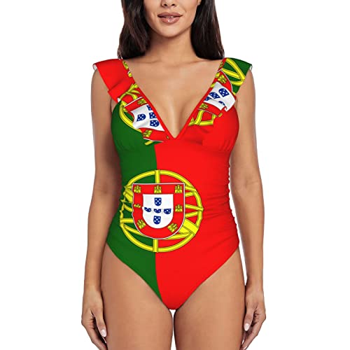 CUTEDWARF Portugal Flag Women Ruffled V Neck One Piece Swimsuit Tummy Control Swimwear Bikini Black