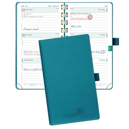 POPRUN Pocket Diary 2026 Week to View Slim (16.5x9 cm) Soft Cover Spiral Diary 26 Appointment Weekly Work Planner Card Slot 100GSM Paper (Pacific Green)
