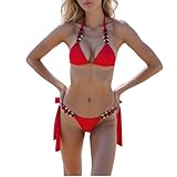 Colf Women's 2 Piece Swimsuit Halter Bikini Set Side Bottom Triangle Rhinestone Bathing Suit (Red,Medium)