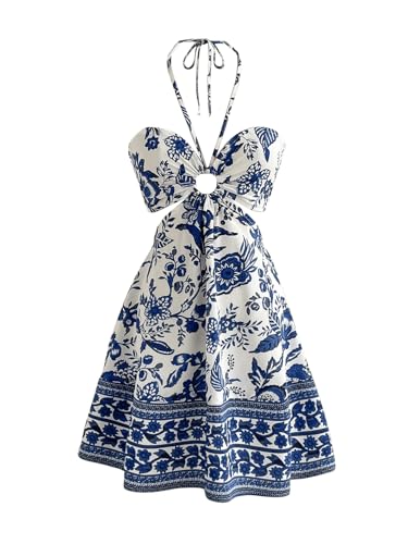 Floerns Women's Floral Halter Neck Vacation Dress Sleeveless Cut Out Boho Cami Dress