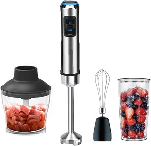 Stainless Steel Immersion Blender 6 Speed Hand Blender with Chopping Bowl, Blending Beaker and Whisk - 4 in 1 Electric Hand Stick Blender