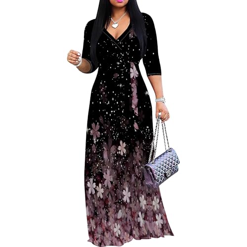 Image of PinkPatty Plus Size Maxi Dresses for Women Casual Flowy Long Dress 3 /4 Sleeve V Neck Wrap Dress with Belt