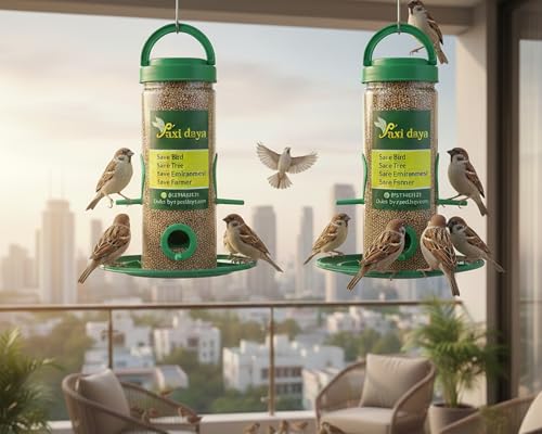 Image of Bird Feeder for Garden & Balcony (Pack of 2) | Hanging Seed Feeder with Tray | Outdoor Bird Feeding Container for Sparrows & Small Birds