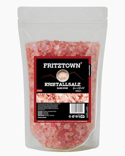 FRITZTOWN Rosa Kristallsalz bekannt als Himalaya Salz | Dark Pink | grob für Salzmühle | 500g | wiederverschließbar | original aus Punjab Pakistan