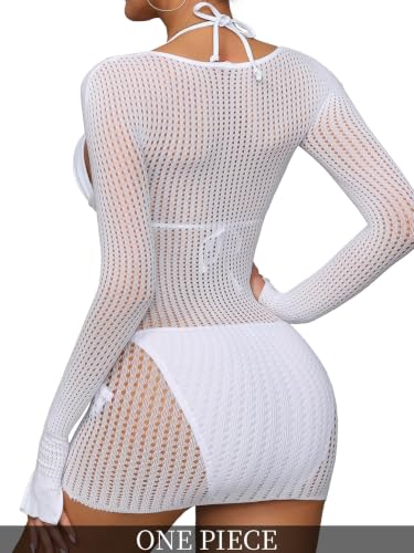 Image of Lilosy Sexy Crochet Sheer Long Sleeve Cover Up Swim Bathing Suit Beach Dress One Piece