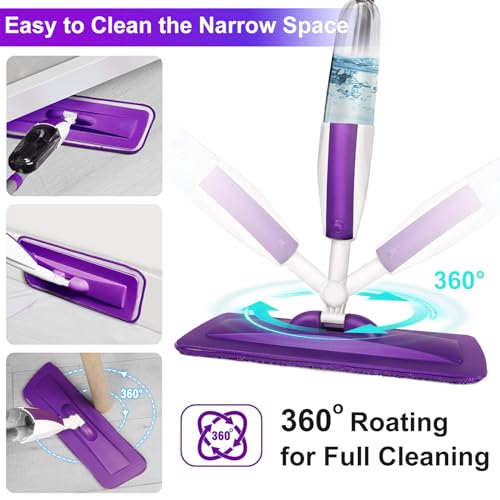 Image of Panda Grip Spray Mops For Floor Cleaning Floor Mop With A Refillable Spray Bottle And 3 Washable Microfiber Pads Home Or Commercial Use Dry Wet Flat Mop For Hardwood Laminate Wood (Pure Purple) | 400+ML refillable bottle, 360 swivel head, wet mopping & dry sweeping for hardwood, tile, laminate and sealed wood floors.
