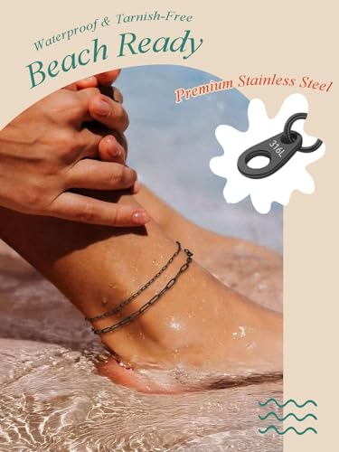 Image of FaithHeart Waterproof Ankle Bracelets for Women, 1 /2 /3Pcs Non Tarnish Stainless Steel Layered Anklet Set Paperclip Figaro Cuban Link Chain Dainty Summer Beach Jewelry Gift Adjustable Size