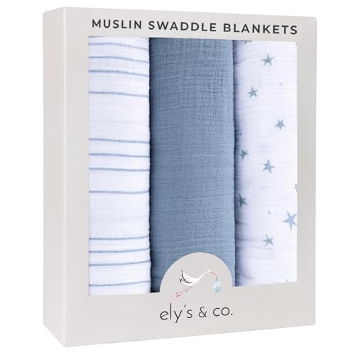 Image of Ely's & Co. Muslin Swaddle Blanket 3-Pack for Baby Boy— 100% Cotton Muslin Extra-Large Swaddle Blankets (47”x 47”) — (Misty Blue Stars│Solid│Stripes)