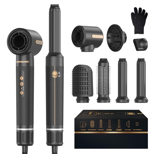 Air Styler 7 in 1 Hair Dryer Brush Set Warmluftbürste Haarstyler, 110000 RPM Ionen Haartrockner mit Föhn, Links Rechts Lockenstab, Rundbürstenföhn, Thermal Brush, Haarglätter Bürste, 3 Temperatur&Wind