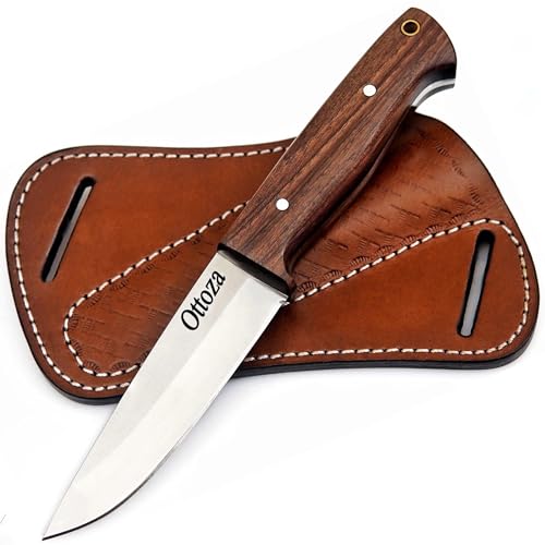 Ottoza Bushcraft Knife & Walnut Wood Handle, Outdoor Knife Survival Knife Camping Knife - 1095 High Carbon Steel Knife - 1095 Carbon Steel Fixed Blade Hunting Knives for Men Cross Draw Knife Sheath 406