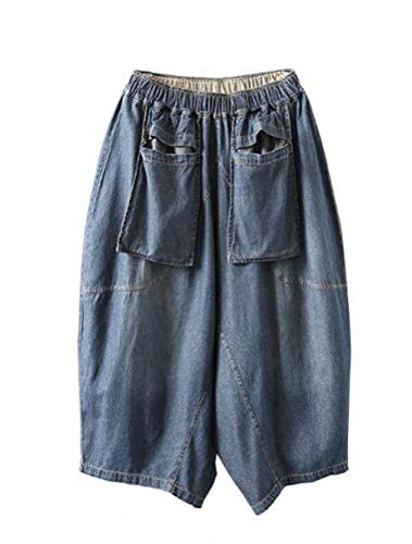 Minibee Women's Denim Harem Pants Wide Leg Cropped Capris Trousers with Pockets L Dark Blue
