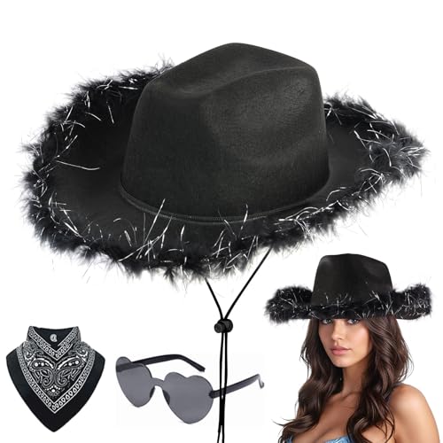 Aomig 3Pcs Cowboy Hat Fancy Dress Accessory, Cowboy Costume Set with Paisley Bandanna and Glasses, Western Cowboy Fancy Dress Costume for Birthday Halloween Bachelorette Bachelor Party Cosplay(Black)
