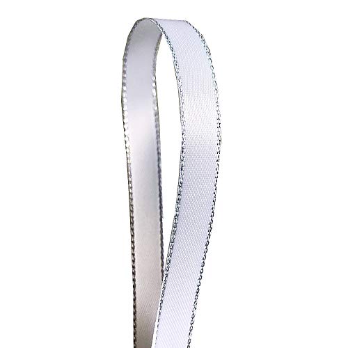 QIANF White Double Face Satin Ribbon with Silver Border for Gift Wrapping, Hair Bows, Wedding Party Decoration, Crafts Sewing, Invitation Cards, Floral Bouquets, Christmas, 3/8 Inch X 50Yd